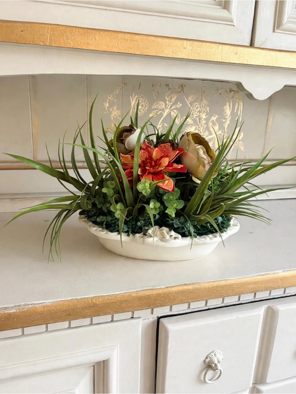 Handmade Faux Floral Arrangement in Ceramic Bowl | Orange & White Home Decor